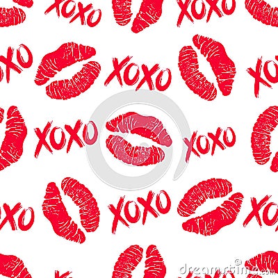 XOXO and lipstick kiss seamless pattern Vector Illustration