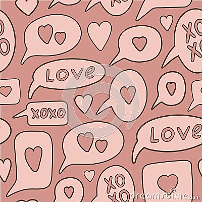 Xoxo speech bubbles, vector seamless pattern. Valentines day, love background. Cute illustration in muted pink colors. Vector Illustration