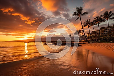 Warm Tropical Sunset on Kaanapali Beach in Maui, Hawaii Stock Photo