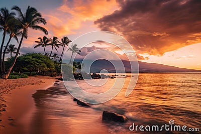 Warm Tropical Sunset on Kaanapali Beach in Maui, Hawaii Stock Photo