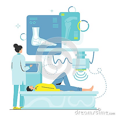 Xray examination, fluoroscopy, bone scan of patient leg, Bone fracture, injury, osteoarthritis, foot arthritis, vector. Vector Illustration