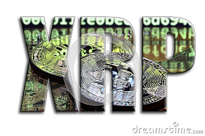 XRP. The inscription has a texture of the photography, which depicts several bitcoins on a graphics accelerator videocard Editorial Stock Photo