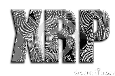 XRP. The inscription has a texture of the photography, which depicts several silver bitcoins Stock Photo