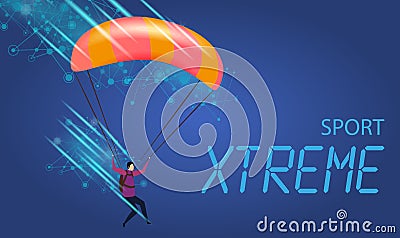 Xtreme Sport Banner. Young Man with Parachute Fly Vector Illustration