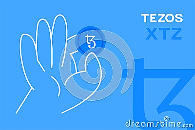 Hand holding Tezos coin, crypto currency editable vector. Flat design XTZ crypto token banner Vector Illustration