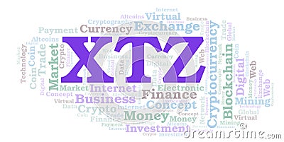 XTZ or Tezos cryptocurrency coin word cloud. Stock Photo