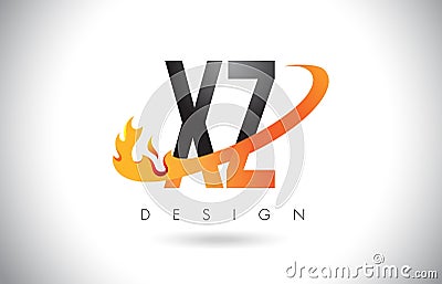 XZ X Z Letter Logo with Fire Flames Design and Orange Swoosh. Vector Illustration