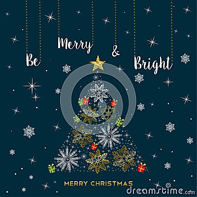 Y gold color decoration greeting card with winter holiday snowflakes in xmas pine tree shape Vector Illustration