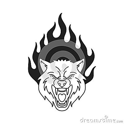 Y2k angry roaring wolf with burning flame gothic black tattoo outline icon vector flat illustration Vector Illustration