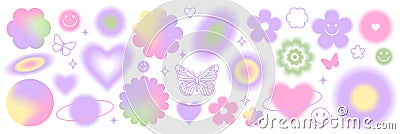 Y2k blurred gragient set. Butterfly, heart, daisy, abstract shape in 90s, 00s psychedelic style. Vector Illustration