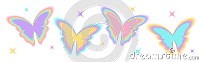 Y2k blurry gradient butterfly shape with sparkle or stars. Pastel holographic aura elements, aesthetic retro shapes with Vector Illustration
