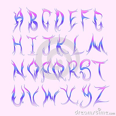 Y2k fire holographic font. Flame holo alphabet vector set Liqud glamour gradient colors 2000s style. Vecto 90s, 00s Vector Illustration