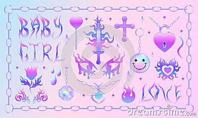 Y2k flame, chain and heart stickers set. Girl pink holographic tattoo, fire, smile, flower, necklace triball glamour Vector Illustration