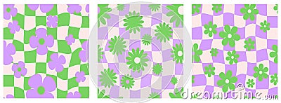 Y2k flower pattern. Groovy checkerboard with daisy. Seamless wavy floral backgrounds. Abstract vintage aesthetic funky Vector Illustration
