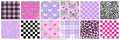 Y2k glamour pink seamless patterns. Backgrounds in trendy emo goth 2000s style. Vector Illustration