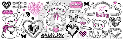 Y2k glamour pink stickers in trendy emo goth 2000s style. Butterfly, kawaii bear, flame, heart etc. Vector Illustration