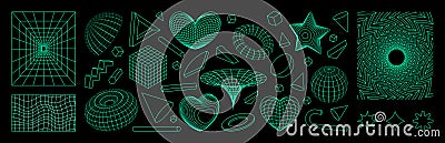Y2k grid elements. 3D retro graphic shapes. Mesh pattern. Abstract line sphere. Love heart frames. Wireframe surface Vector Illustration