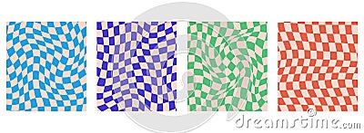 4 Y2K groovy patterns: Retro with a psychedelic twist. Vector wavy background featuring a cute, distorted grid. Vector Illustration