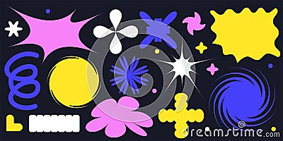 Y2k neo brutalist shape element set, abstract retro figures, colorful modern stickers bunch, geometry simple form Vector Illustration