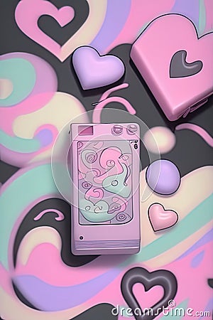Y2K nostalgia background wallpaper with retro phone and hearts Stock Photo