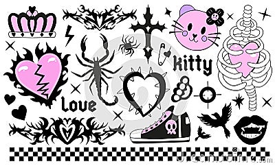 Y2k 2000s cute emo goth aesthetic stickers, tattoo art elements and slogan. Vintage pink and black gloomy set. Gothic Vector Illustration