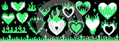 Y2k 2000s cute emo goth burning hearts stickers, tattoo art elements . Burn fire flaming heart for Valentine's day Vector Illustration
