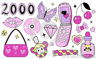 Y2k 2000s Glamorous set. 90s and 2000s style. Nostalgia 00s collection pink with retro phone and fire heart. Vector Vector Illustration