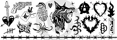 Y2k 2000s punk grunge set elements tattoo.Gangster, Doberman, anarchy. Old school tatto. Vector illustration Vector Illustration