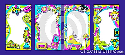 Y2K template poster for 90s retro design with lava lamp, cassette, nostalgia set. Trendy aesthetic frame photo. Flat Vector Illustration