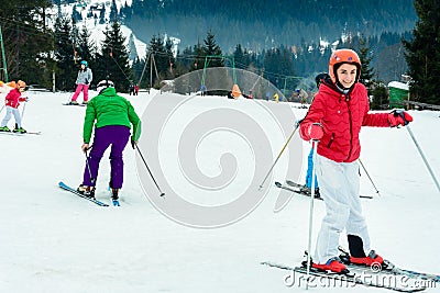 Yablunytsya, Ukraine February 05, 2019 the girl goes skiing Editorial Stock Photo
