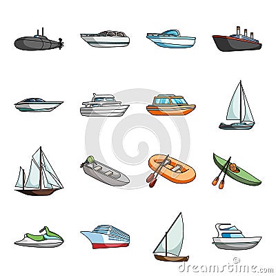 Yacht, boat, liner, types of ship and water transport. Ship and water transport set collection icons in cartoon style Vector Illustration