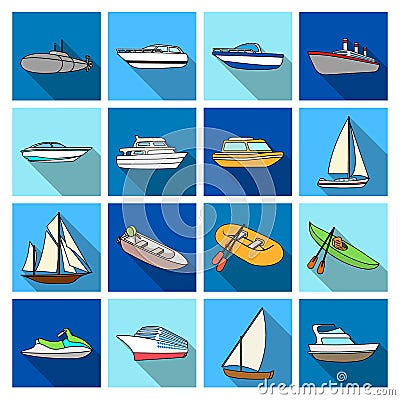 Yacht, boat, liner, types of ship and water transport. Ship and water transport set collection icons in flat style Vector Illustration