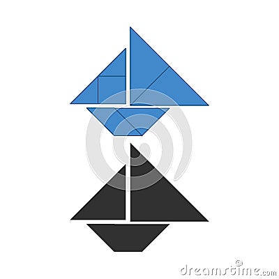 yacht or boat Tangram. Traditional Chinese dissection puzzle, seven tiling pieces - geometric shapes: triangles, square rhombus , Stock Photo