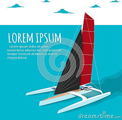 Yacht club banner design with sport trimaran Cartoon Illustration