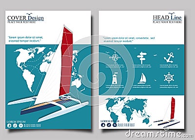 Yacht club flyers design with sport trimaran Cartoon Illustration