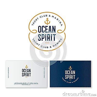 Yacht club logo. Ocean spirit emblem. Fisher Club emblem. Letters and an anchor on a blue badge Vector Illustration