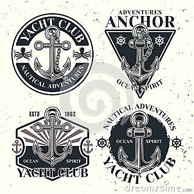 Yacht club set of vector emblems, labels, badges or logos in monochrome vintage style isolated on light background Vector Illustration