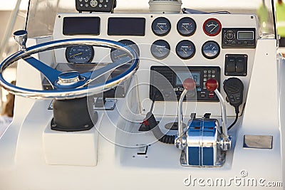 Yacht dashboard. Nautical navigation system. Cockpit instruments Stock Photo