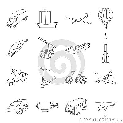 Yacht, funicular, metro transport for the transportation of passengers and cargo. Transport set collection icons in line Vector Illustration