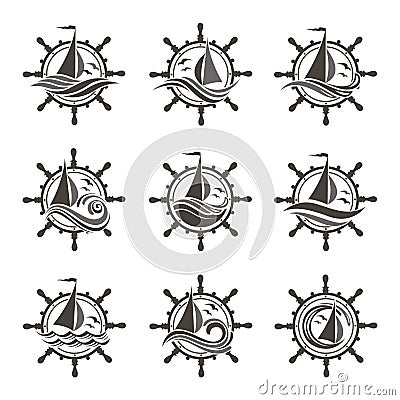 Yacht helm and waves icons Vector Illustration