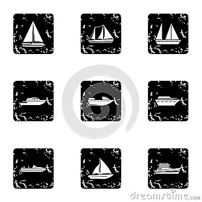 Yacht icons set, grunge style Vector Illustration