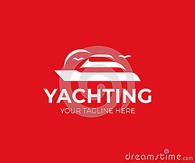 Yacht logo template. Boat with sun and birds vector design Vector Illustration