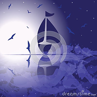 Yacht in the open sea. Vector Illustration