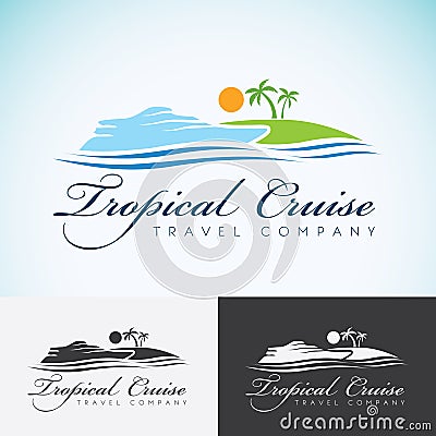Yacht, Palm trees and sun, travel company logo design template. sea cruise, tropical island or vacation logotype icon Vector Illustration