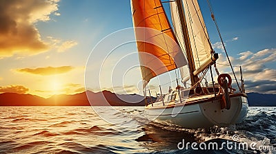 Yacht Sail against the Beautiful Sunset. Sailboat Adventure on the Horizon. Generative AI Stock Photo