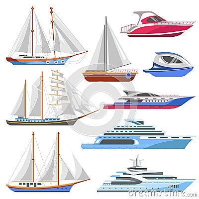 Yacht sailboat or sailing ship and sea marine cruise boat vector flat icons Vector Illustration