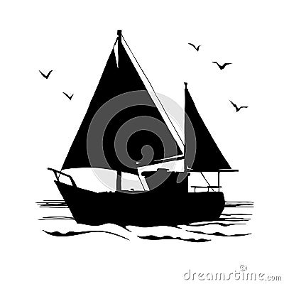 Yacht, sailboats and gull silhouette Vector Illustration