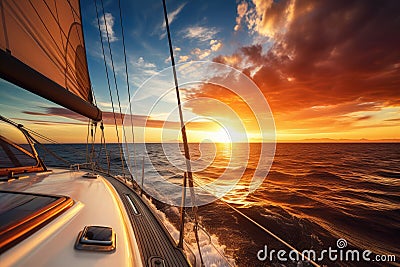 Yacht sailing in an open sea at sunset Stock Photo