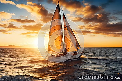 Yacht sailing in an open sea at sunset Stock Photo