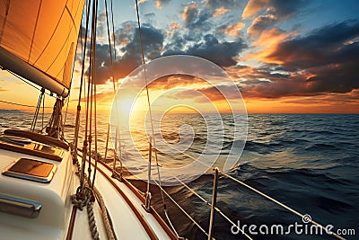 Yacht sailing in an open sea at sunset Stock Photo